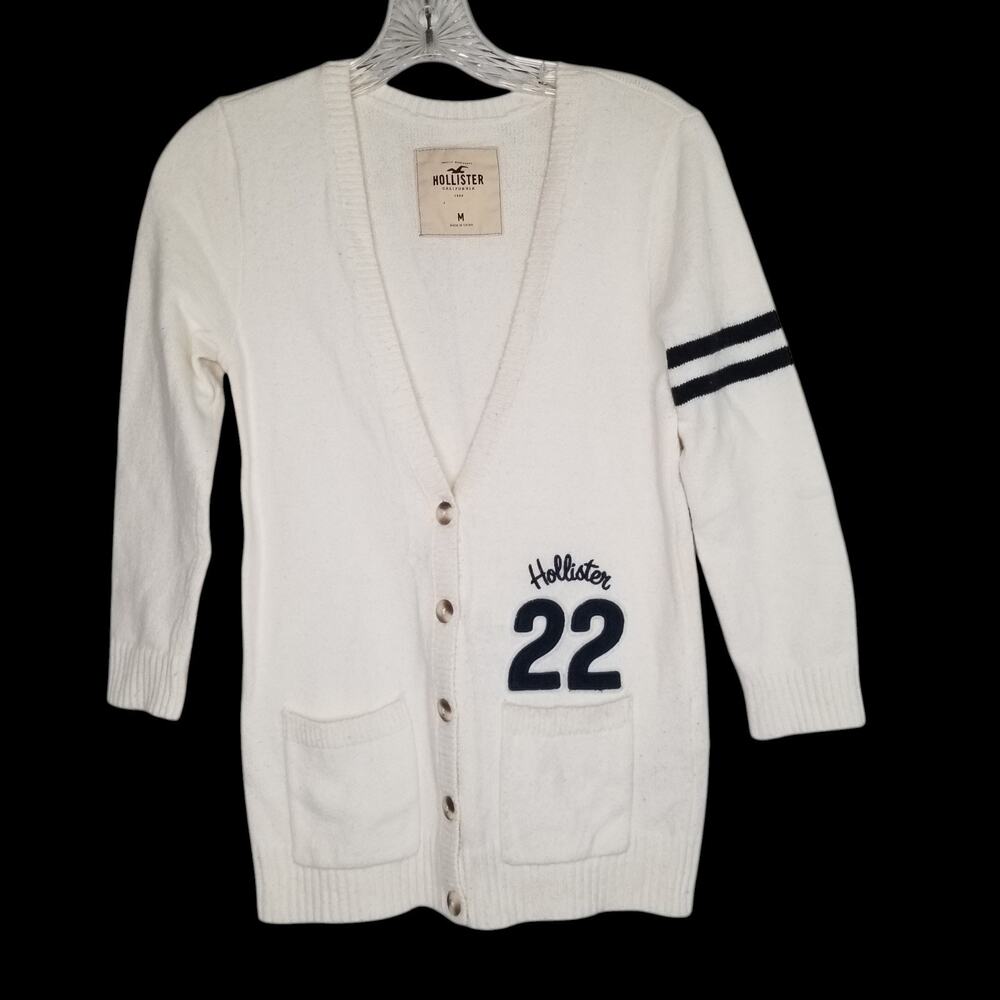 Y2K Hollister Cream Cardigan Sweater Women's Medium Preppy Letterman 22 Varsity